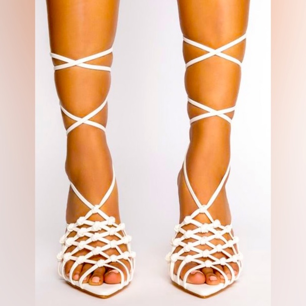 Akira White Vegan Leather Strappy Lace Up Heel Sandals